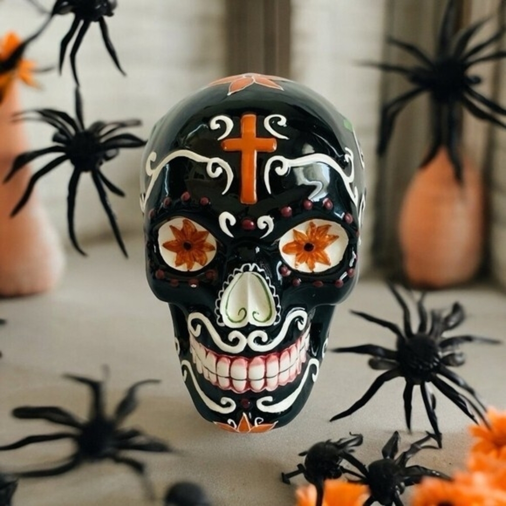 Sugar Skull Ceramic Head 6.5"x5.5" Orange Black Day of Dead Halloween Decor VG